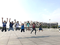 Jump in front of the Beijing National Stadium!  (Photo credit: Miss. Lau Hoi Ying; programme host: Beihang University)